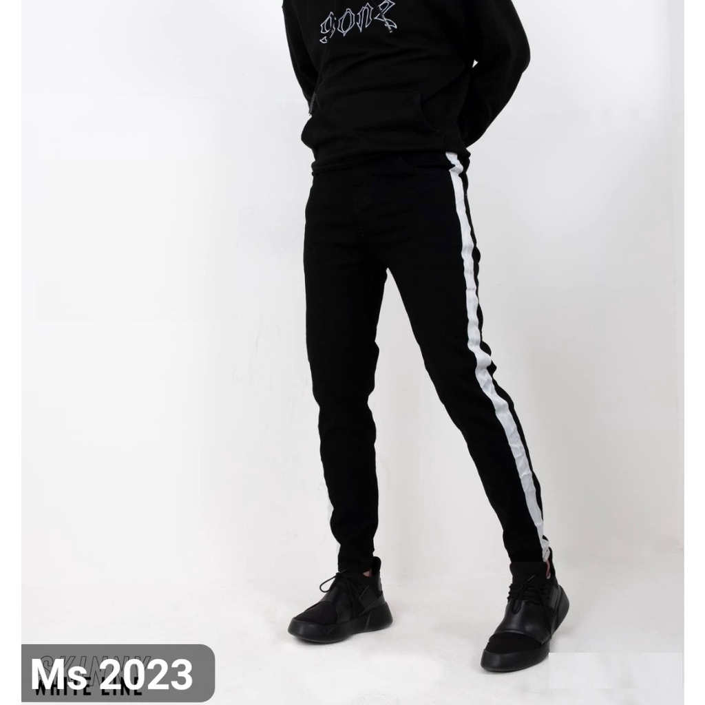 Quần jean nam đen trơn phối sọc trắng đơn giãn mạnh mẽ , cá tính