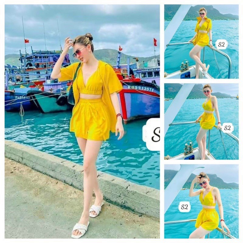 set 3 món áo bra kèm áo sơ mi khoác quần short đùi chất đũi mềm k