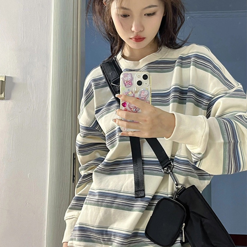 Áo Hoodies Tay Dài Hoạ Tiết Kẻ Sọc Thiết Kế Mới Thời Trang Mùa Thu Cho Phái Nữ