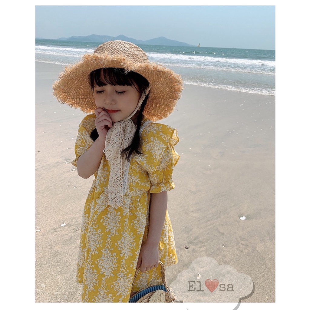 Váy bé gái hoa vàng tay bồng phối bèo ngực XHN867