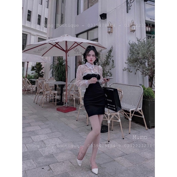 Váy dây body đen phối ren