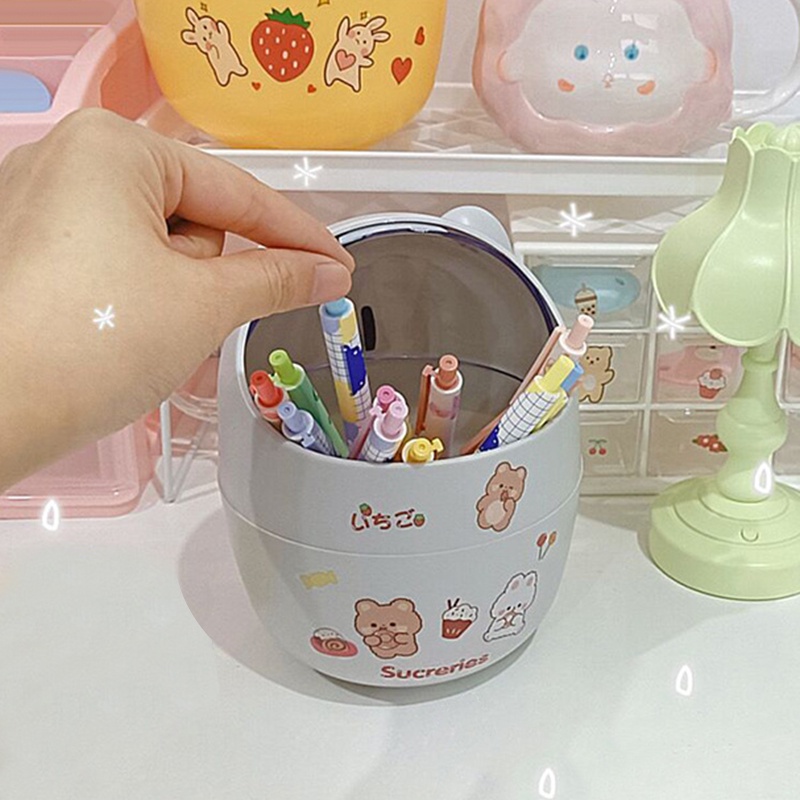 Hộp đựng bút/ rác để bàn có nắp mini hình gấu dễ thương MM