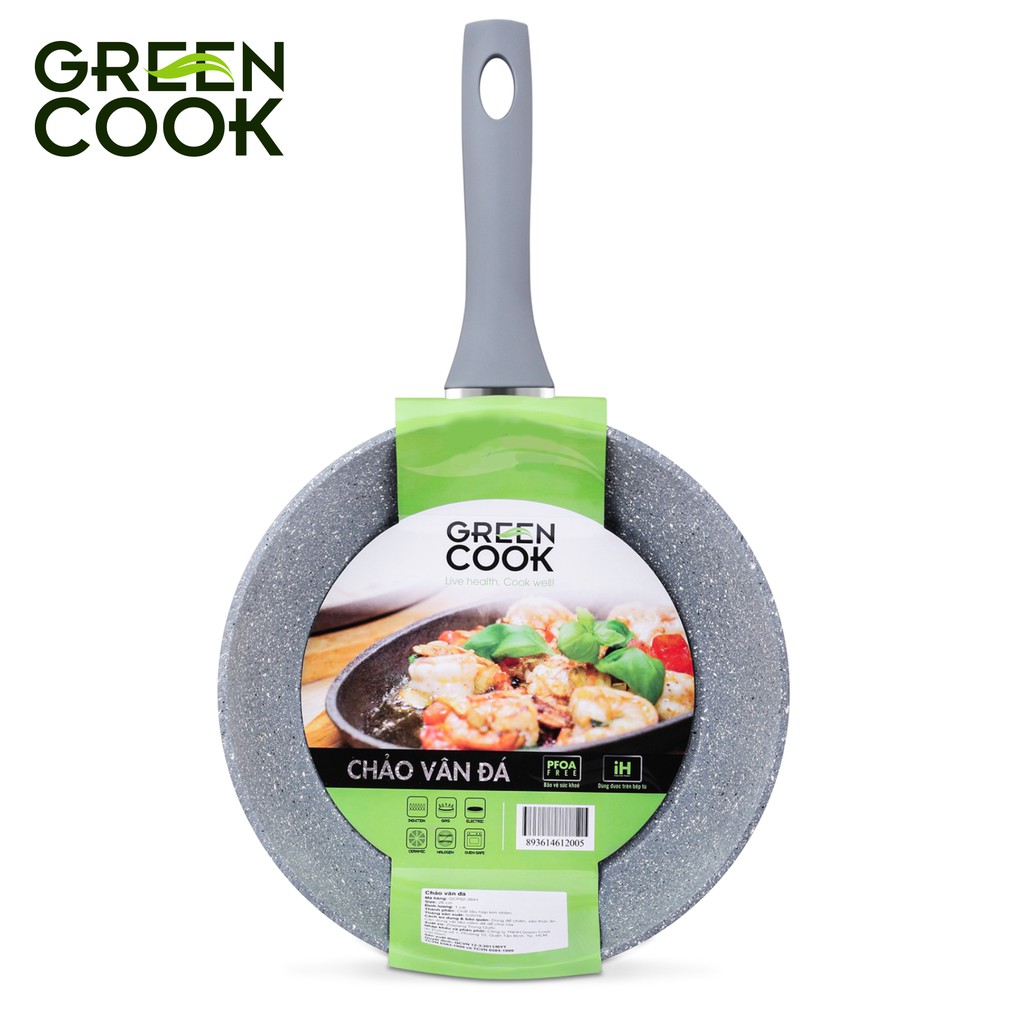 CHẢO VÂN ĐÁ SÂU LÒNG CHỐNG DÍNH GREEN COOK (MÀU XAM)