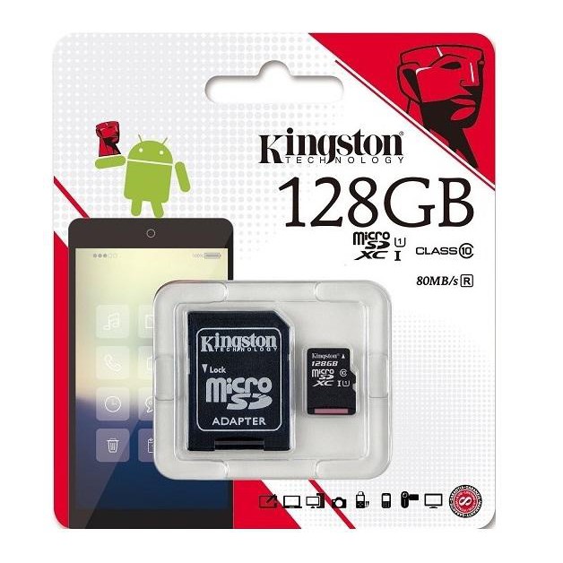 Thẻ nhớ microSDXC Kingston 128GB Class 10 U1 80MB/s kèm adapter (Đen) - Hàng chính hãng