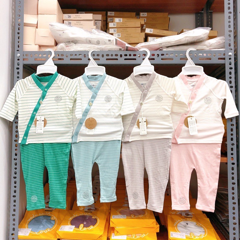 Bộ Hrnee sơ sinh Kimono Modal kẻ chéo, cài thẳng dài tay