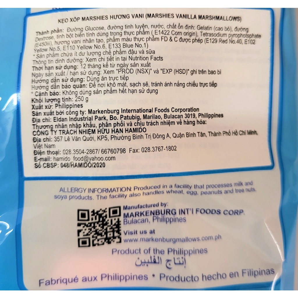 [Gói 250g - XANH] KẸO XỐP HƯƠNG VANI [Philippines] MARSHIES Vanilla Marshmallows (halal)