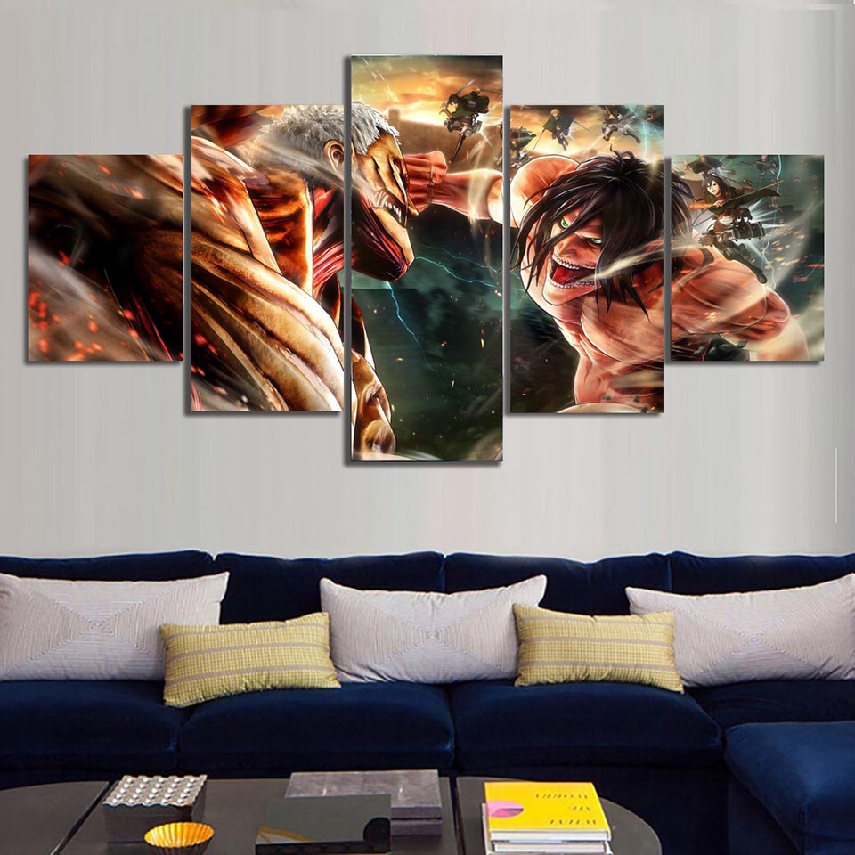 Set 5 Tranh Vải Bạt Treo Tường Trang Trí Hình Attack On Titan