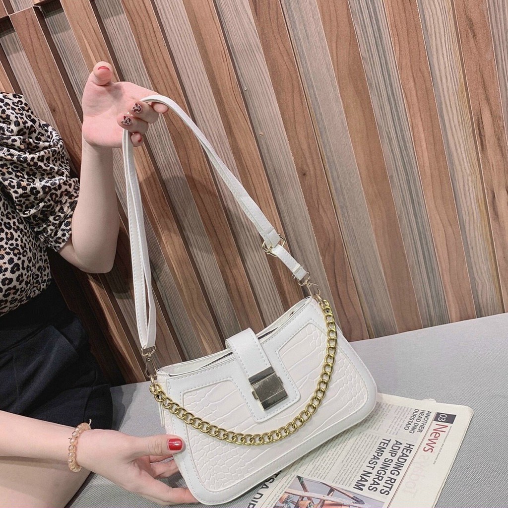 Túi kẹp nách Ngọc Trinh túi xách nữ đeo vai đeo chéo xách tay da vân cá sấu hàng 3 dây TKNA09 + hình shop chụp