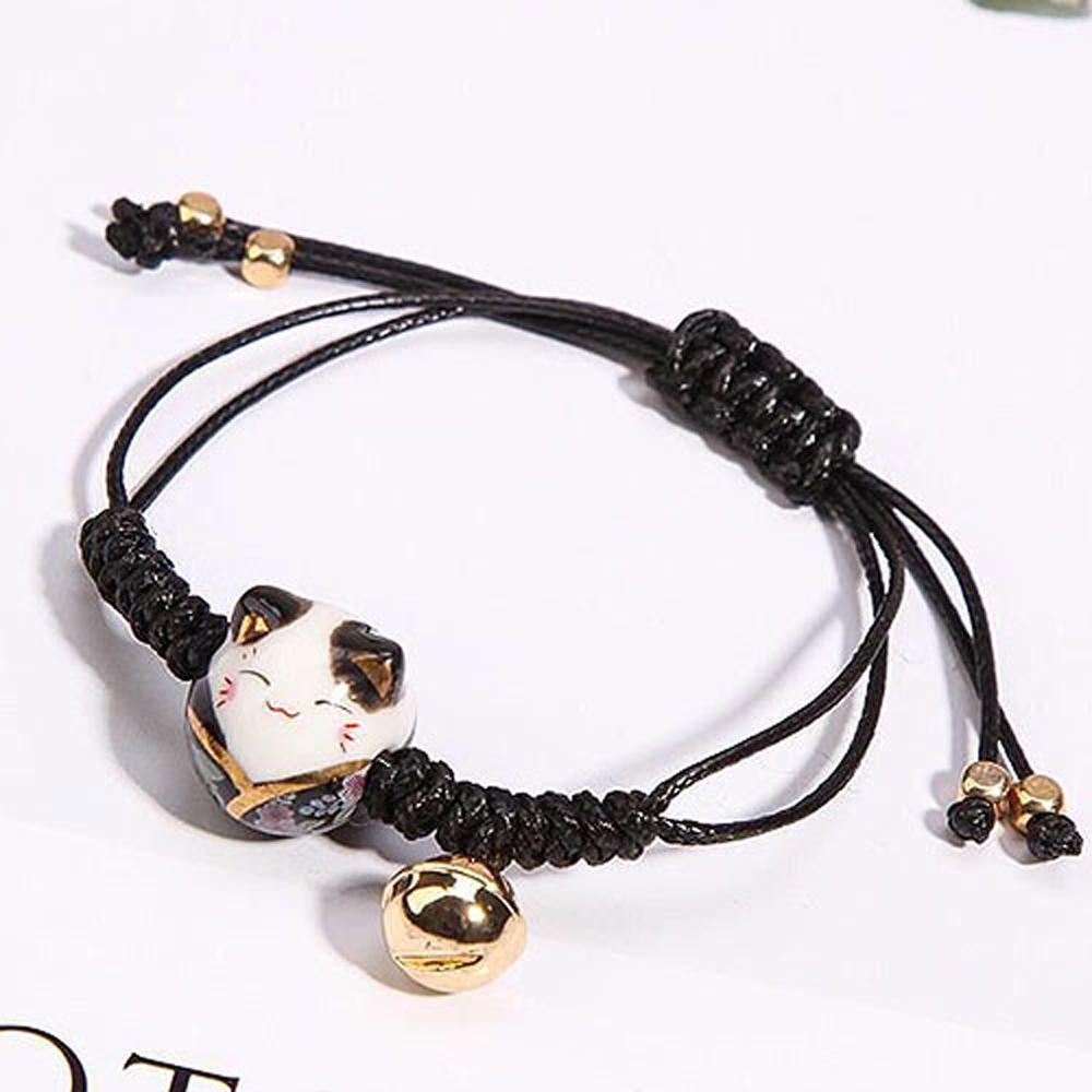 Vòng Tay Bện Dây Đỏ May Mắn Đính Chuông Gốm Sứ Hình Mèo May Mắn Dành Cho Nữ