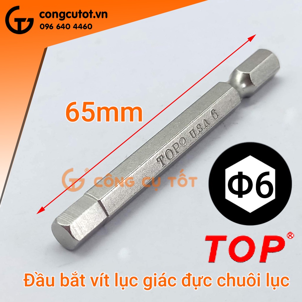 Vỉ 10 đầu bắt vít lục giác đực 6 mm dài 65 mm chuôi lục TOP
