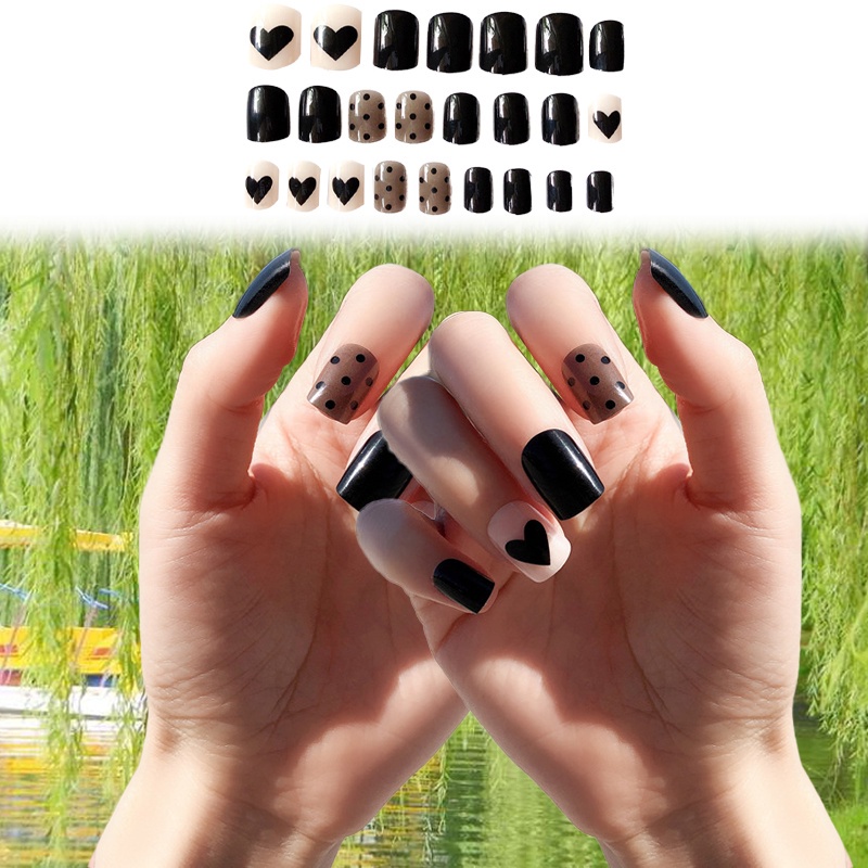 [Hàng mới về] Set 24 móng tay giả đầu vuông màu đen kèm keo