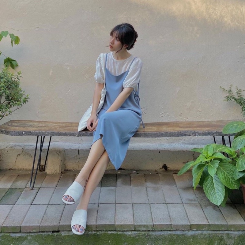 Set váy yếm 2s  dáng dài kèm áo sơ mi cộc tay chất xốp Ulzzang Vintage 2022