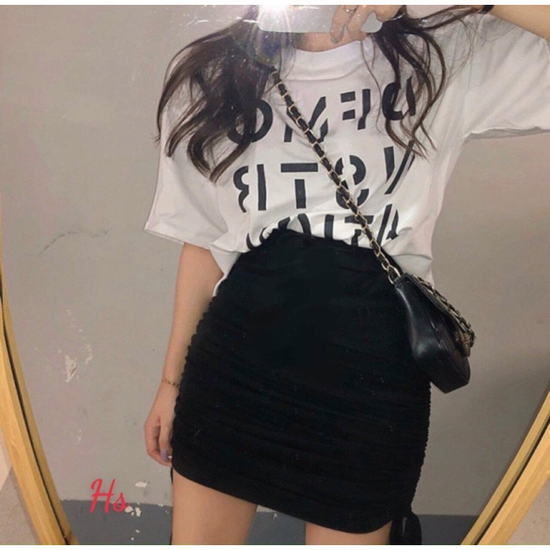 Set áo thun ngắn tay demo + chân váy rúm rút hông