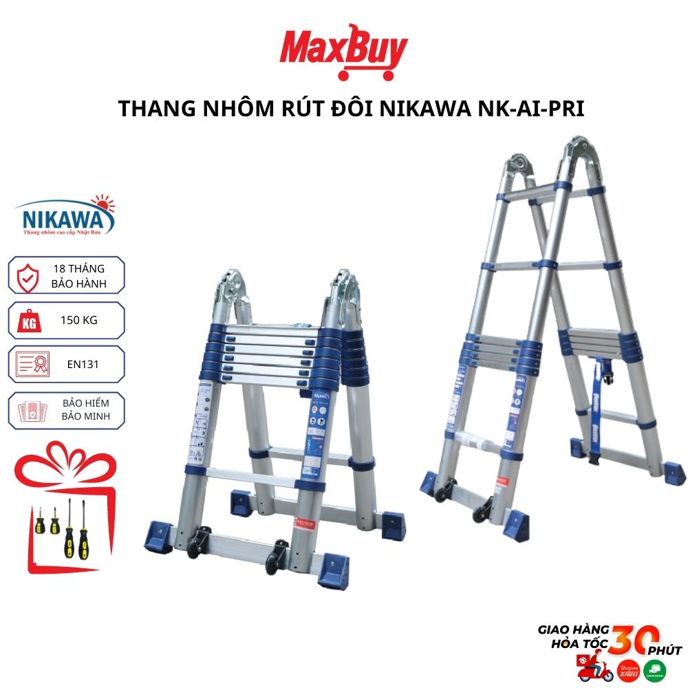 Thang nhôm rút đôi chữ A xếp gọn Nikawa 3,8m đến 5,6m nhập khẩu Nhật Bản, bảo hành 18 tháng giao hỏa tốc HN MAXBUY