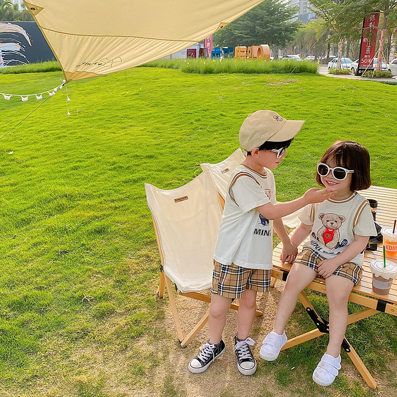 Set Áo Thun Ngắn Tay Cổ Tròn + Quần Dài Sọc Caro Thời Trang Cho Bé Trai
