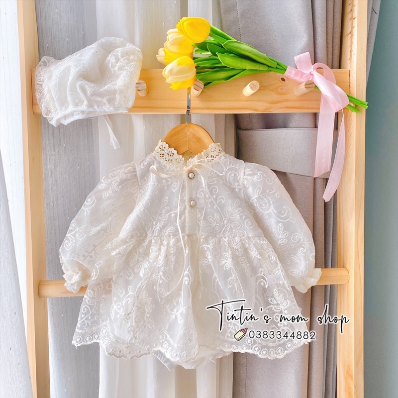 Set váy công chúa trắng thiết kế ren hoa nhí cho bé gái đầy tháng/ thôi nôi