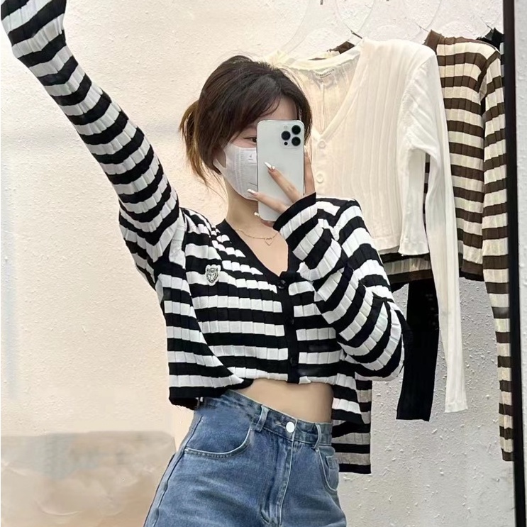 【ZHELIHANGFEI】Áo Cardigan Dệt Kim Tay Dài Cổ Chữ V Họa Tiết Kẻ Sọc Thời Trang