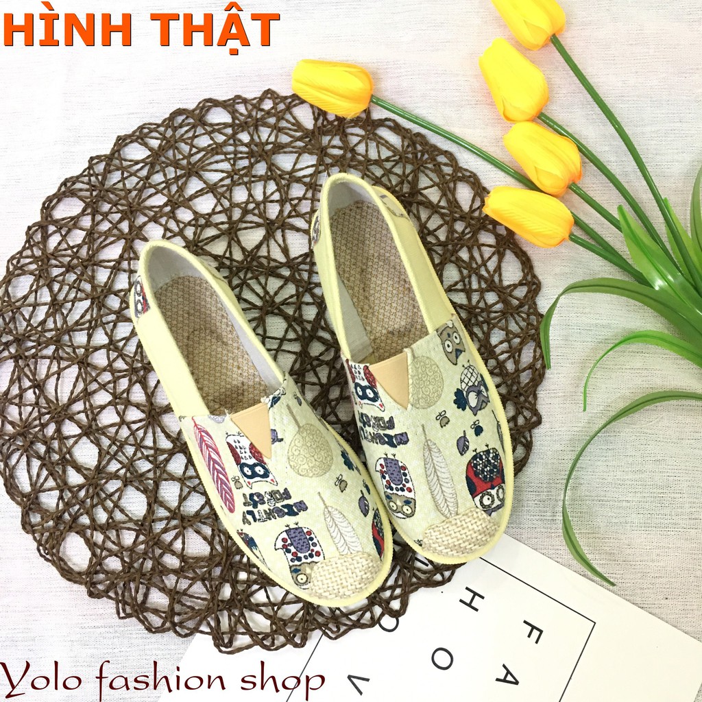 [Hình thật] GL3 Giày lười slip on nữ bọc cói vintage thời trang