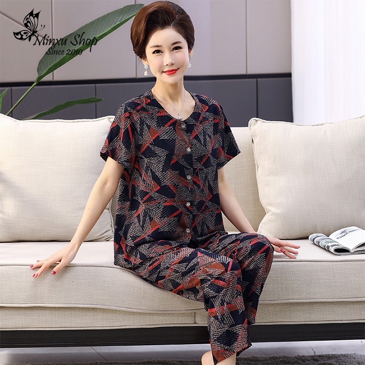 Bộ Mặc Nhà Trung Niên Quần Dài  Aó Ngắn Tay , Bộ Đồ Có Cúc- Sang Trọng, Lịch Sự - Chất Vải Lanh Mềm GG
