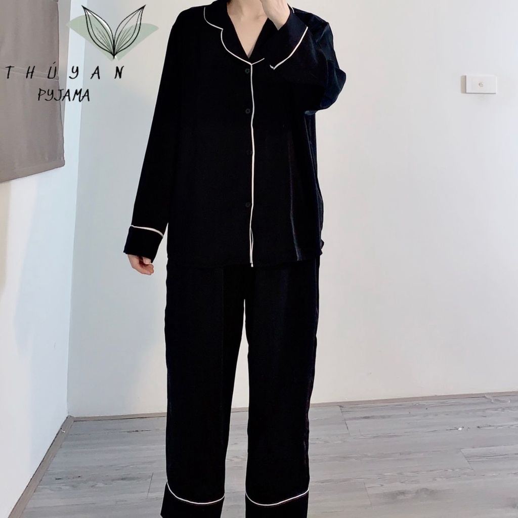 Bộ Pijama nữ bigsize đen trơn tay dài chất lụa Mango ko nhăn dành cho nữ, mẹ bầu 60 -90kg