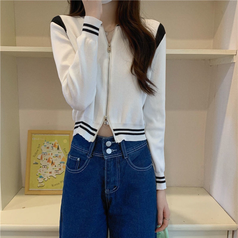 Áo khoác cardigan dài tay phối khóa kéo màu sắc tương phản phong cách Hàn Quốc