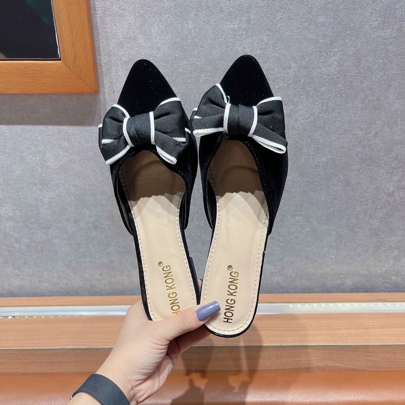 Dép sục nơ viền trắng mũi nhọn gót bệt 2p