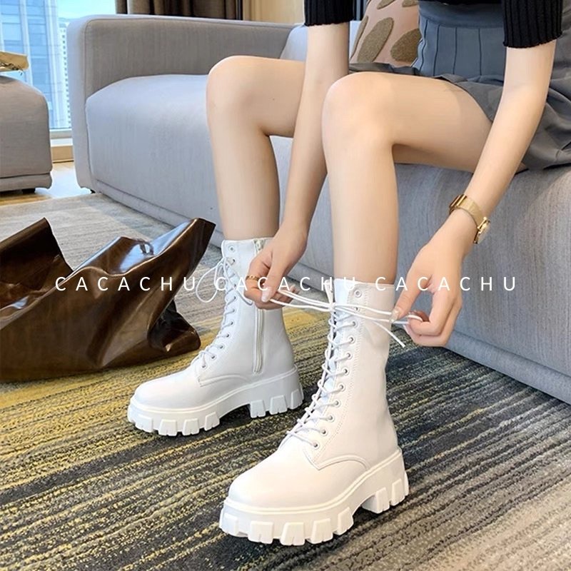 Bốt nữ cao cổ Ulzzang 20cm Boot hàng QC cao cấp đẹp dây buộc có khóa kéo đế cao 5.5cm màu đen trắng hot CACACHU G024