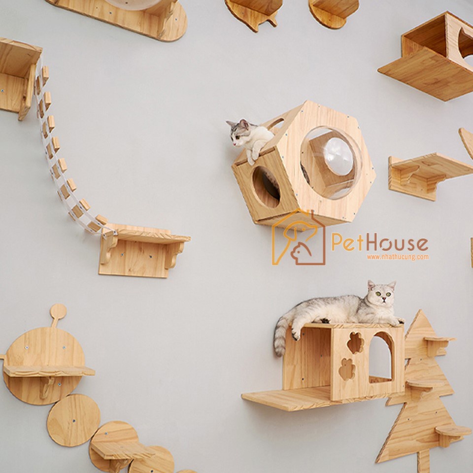 Khu vui chơi liên hoàn cho mèo 6 chi tiết chất liệu gỗ thông tự nhiên pethouse