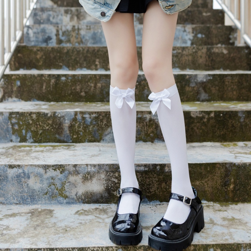 Vớ Dài Qua Gối Chất Liệu Cotton Mỏng Màu Trơn Đính Nơ Phong Cách Lolita Dễ Thương Cho Nữ