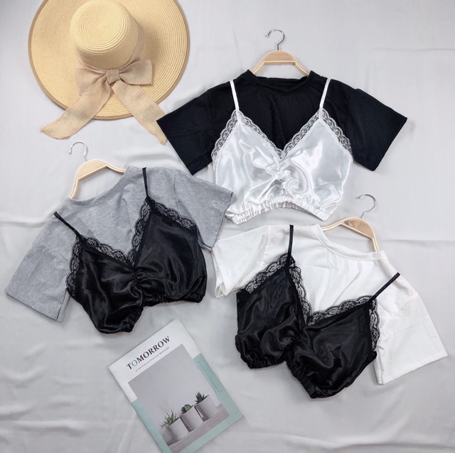 Sét áo phi bóng rút ngực phối áo thun croptop cotton - A0U