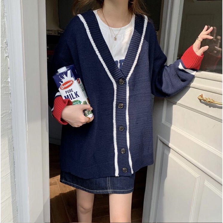 {HCM / CÓ SẴN} ÁO KHOÁC LEN CARDIGAN XANH ĐEN PHỐI VIỀN OVERSIZE PHONG CÁCH HÀN QUỐC