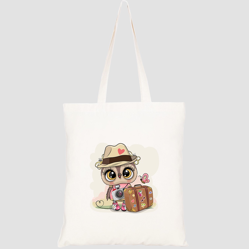 Túi vải tote canvas HTFashion in hình cute cartoon owl tourist hat HT384