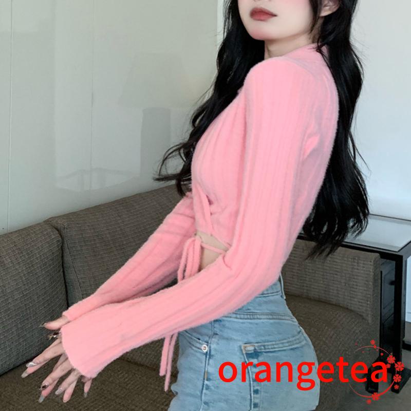 Áo Croptop Dệt Kim Tay Dài Cổ Chữ V Màu Sắc Quyến Rũ Cho Nữ