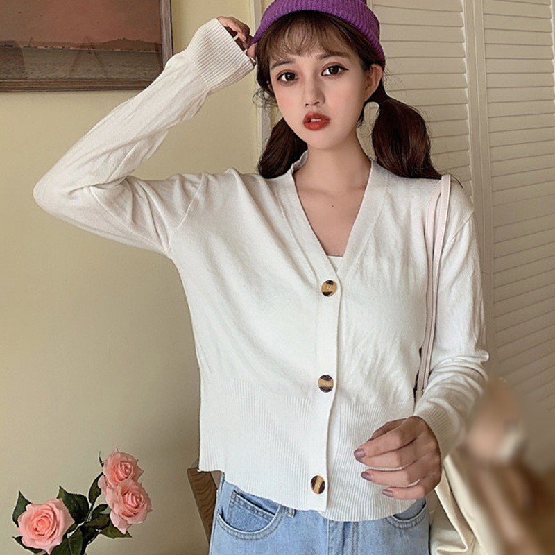 Áo khoác cardigan dệt kim màu trơn phối nút dễ thương nhiều màu tùy chọn cho nữ