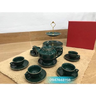 Bộ ấm chén men xanh cổ vịt Bát Tràng ( dáng thần đèn )