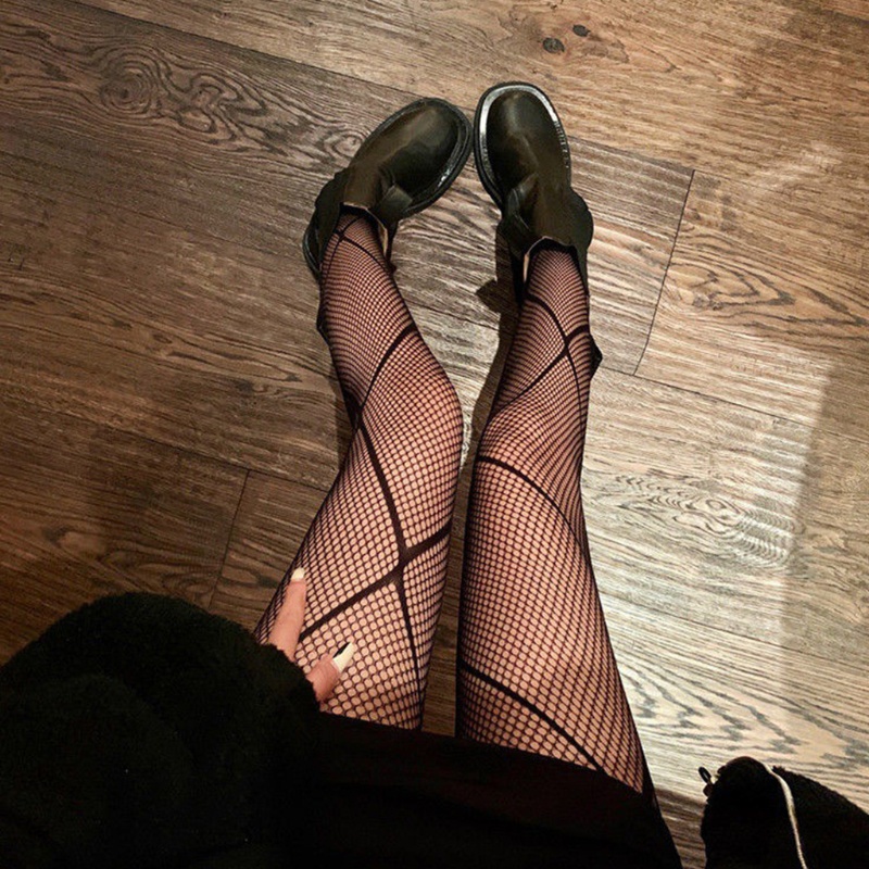 AUTU Quần tất lưới rỗng lưng cao co giãn họa tiết kẻ sọc hình thoi phong cách Goth punk cho nữ
