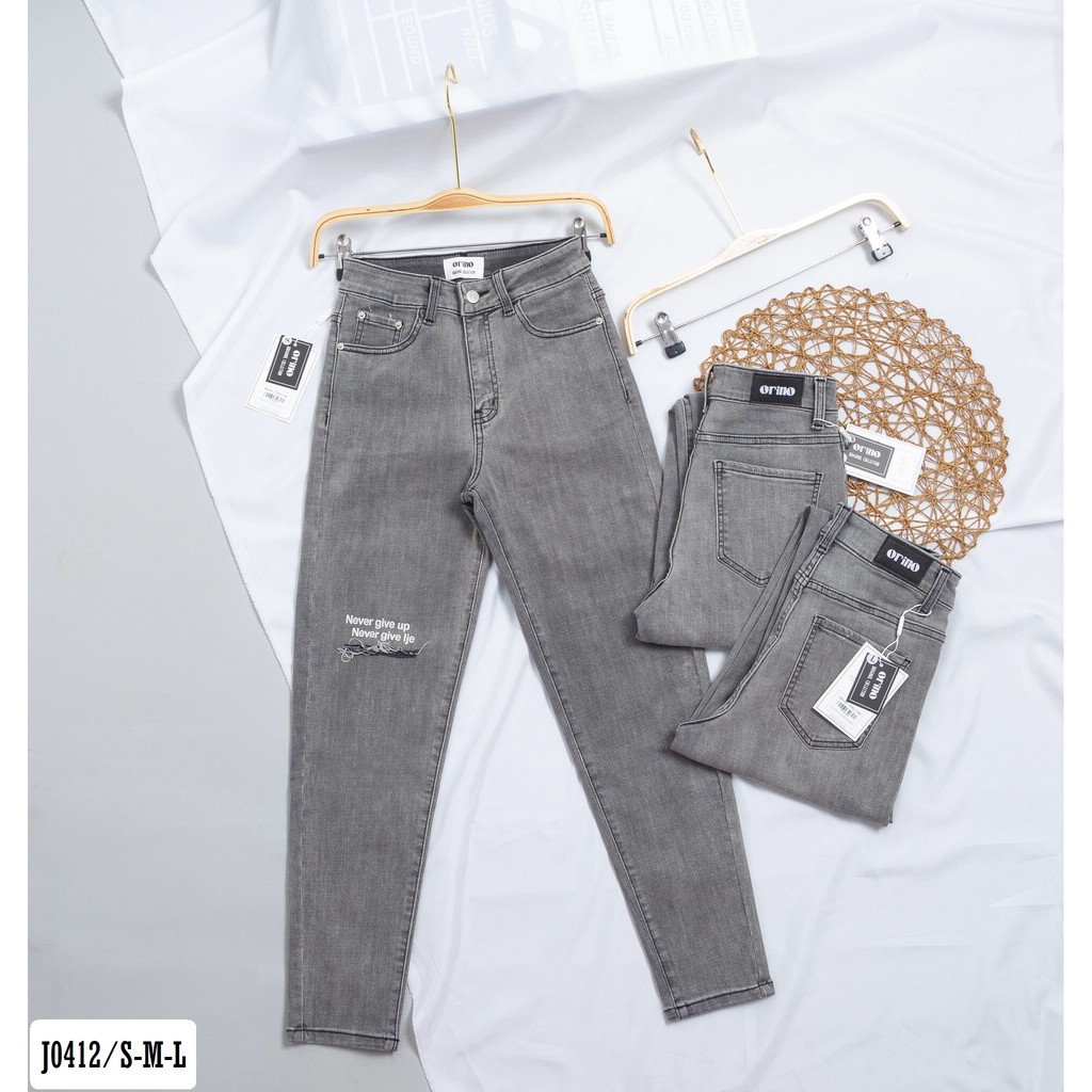 Quần Jean Skinny Nữ Xám Khói Cạp Cao Rách Đùi Tôn Dáng J0412