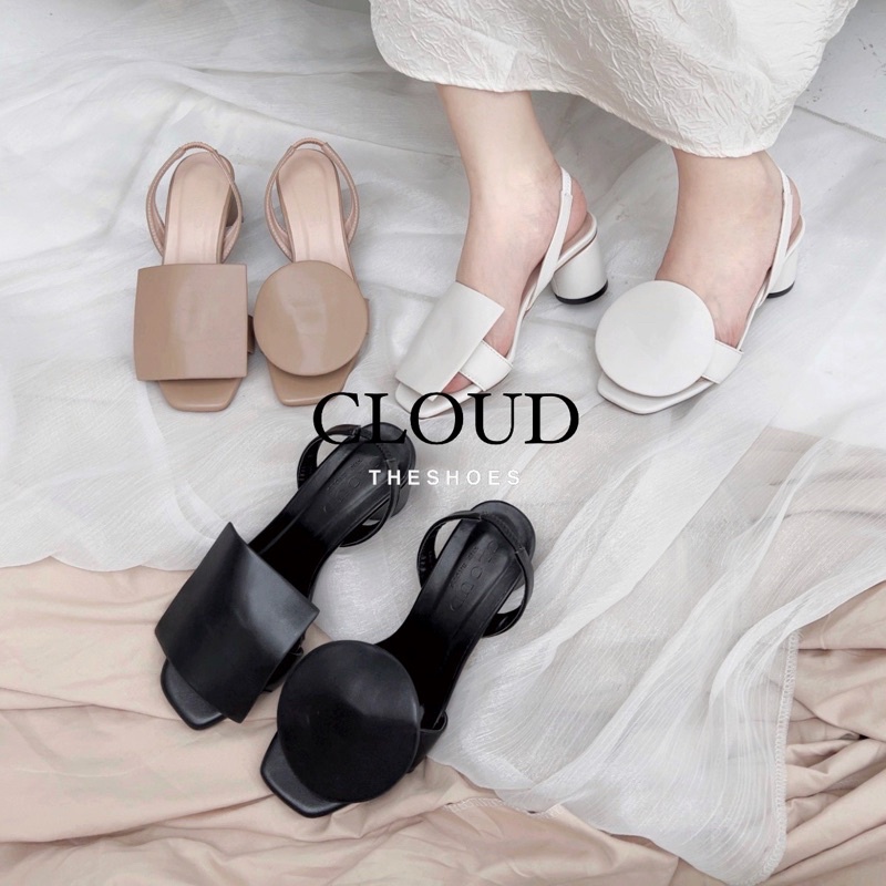 Giày cao gót sandal nữ trụ tròn mũi vuông họa tiết vuông tròn bản to quai hậu – Cloud The Shoes
