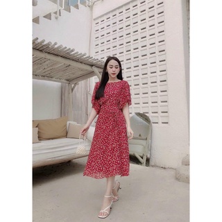 Đầm hoa đỏ rút dây tay cánh tiên dáng dài