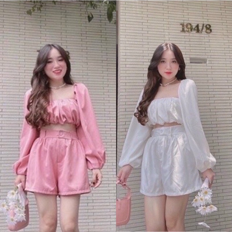 Set Bộ Kiểu Tiểu Thư set Áo Cúp ngực dài tay set quần ngắn