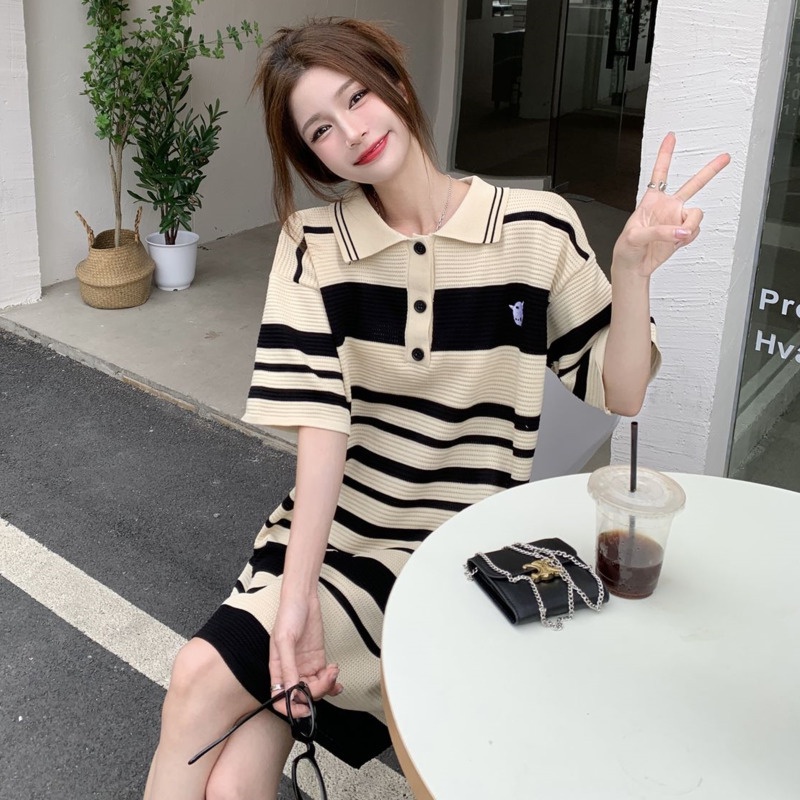 Đầm dệt kim RENJIANVSHENG 175893 dáng rộng cổ polo kẻ sọc ngang thời trang retro