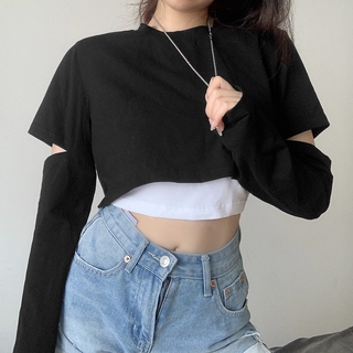 COD Phụ nữ gợi cảm Rộng Đồng bằng Rỗng Cổ tròn Crop Top Dài tay Áo hai mảnh giả