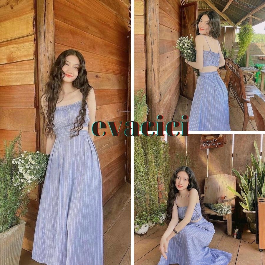 SET VÁY 2 DÂY CÚP NGỰC CROPTOP LƯNG THUN KÈM CHÂN VÁY CHỮ A SỌC XANH