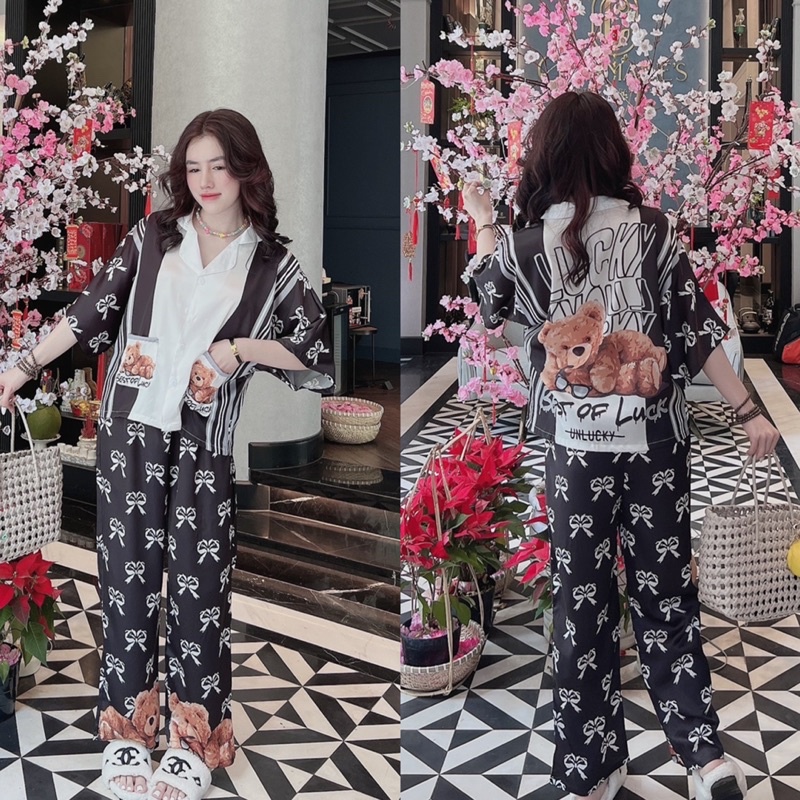 Đồ bộ pijama tay ngắn quần dài LỤA cổ sơmi - cổ tròn tay cánh dơi mặc nhà (dưới 65kg)
