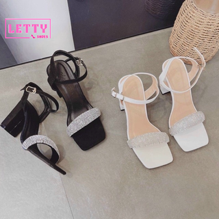 Giày Sandal cao gót đế vuông 9cm, quai đính đá cao cấp sang chảnh hai màu đen trắng siêu hot