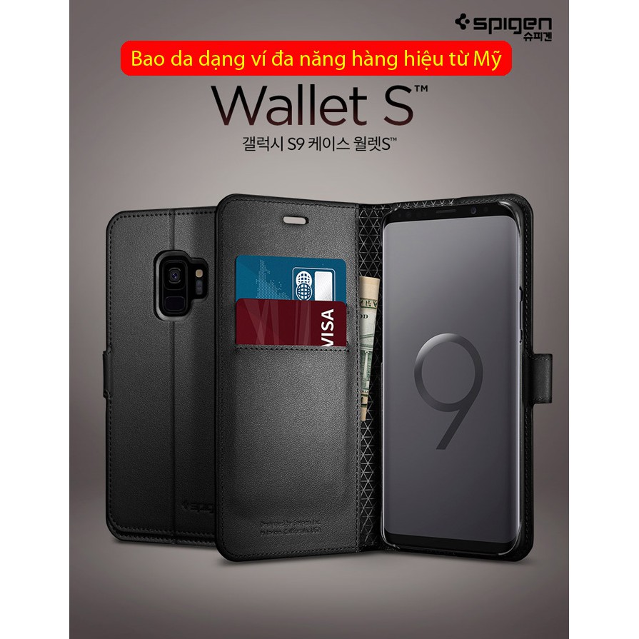 Bao da Galaxy S9 Spigen Wallet S đa năng từ USA tặng dán lưng Carbon