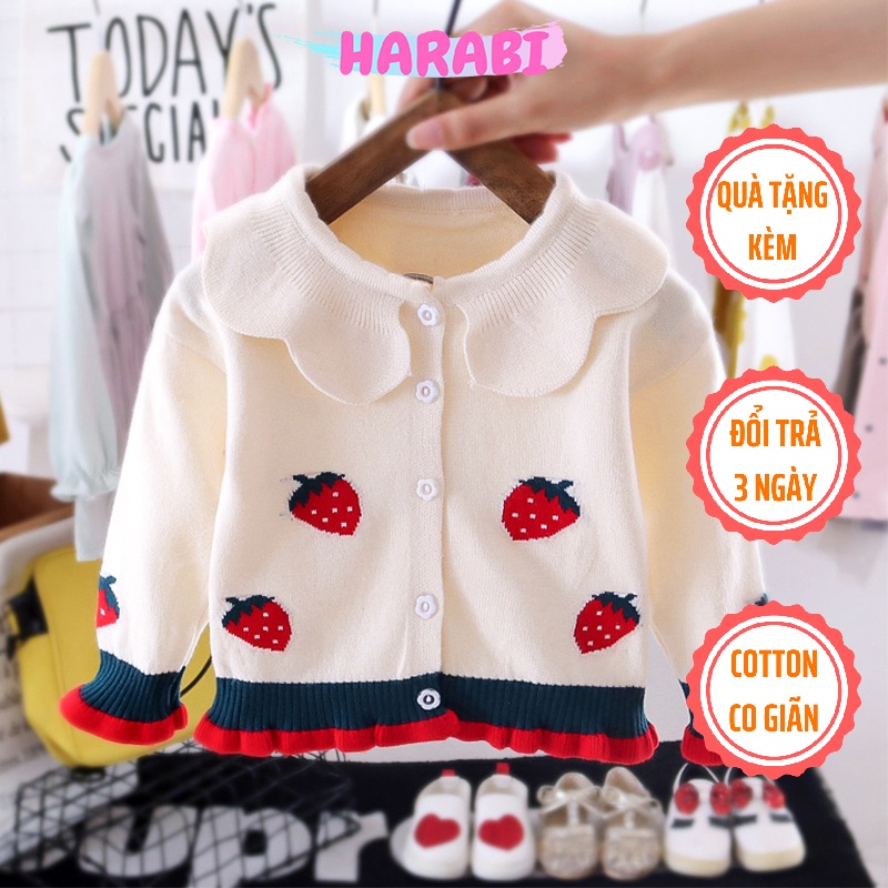 Áo cardigan bé gái sơ sinh 1/2/3 tuổi - Áo khoác len Cardigan họa tiết trái dâu dễ thương - HARABI SHOP | BigBuy360 - bigbuy360.vn
