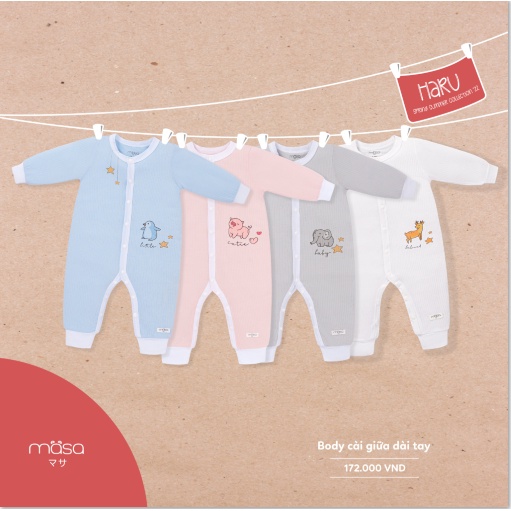 Bộ Body Cài Giữa Dài Tay Cotton Tăm Hè BST Masa Haru  (Size 0-3 Tháng đến 6-9 Tháng)