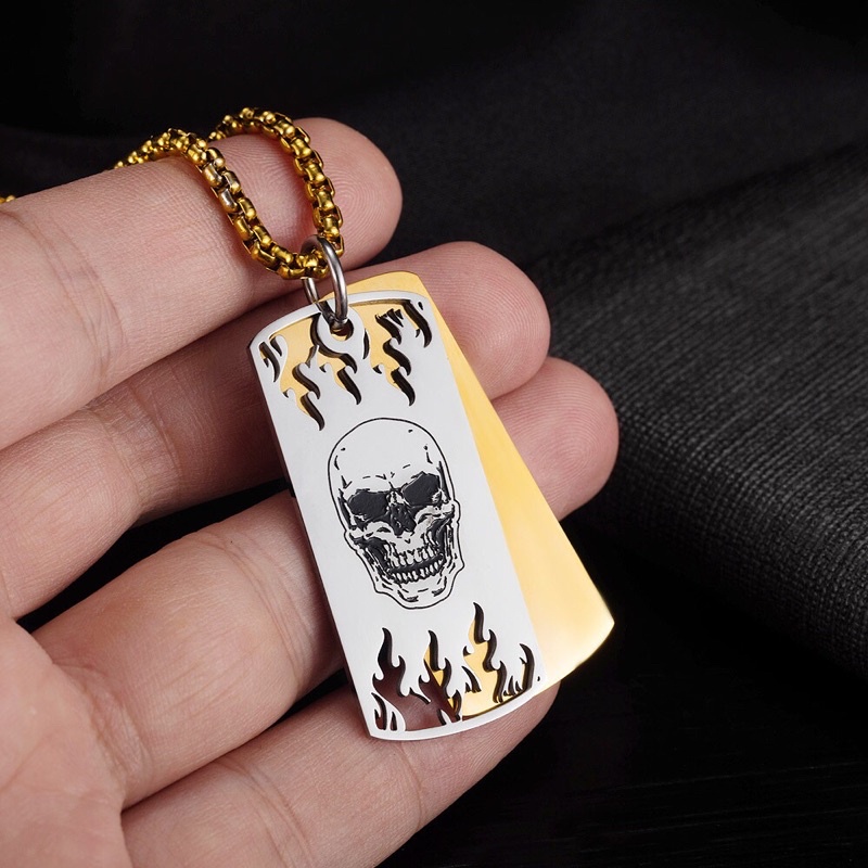 Dây chuyền titan mặt thẻ bài kép hình đầu lâu lửa khắc rỗng không gỉ