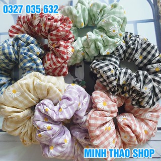 Dây buộc tóc , cột tóc vải scrunchies vải thô kẻ caro hoa cúc